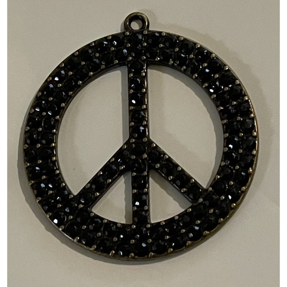 Pendant Peace Symbol Sign black Rhinestones 2” Bronze Metal